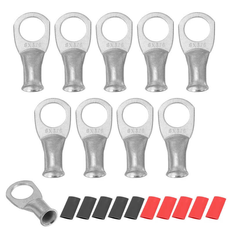 10 Pcs 3/8" Stud 8AWG Battery Lug Ring Terminal with 10pcs Heat Shrink, Silver