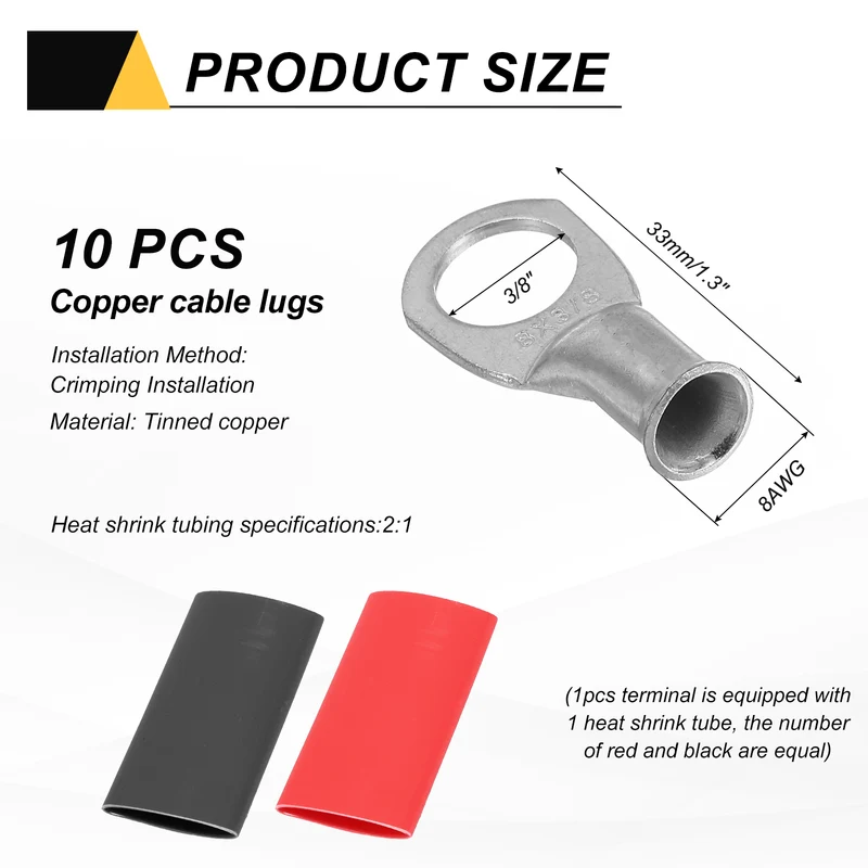 10 Pcs 3/8" Stud 8AWG Battery Lug Ring Terminal with 10pcs Heat Shrink, Silver