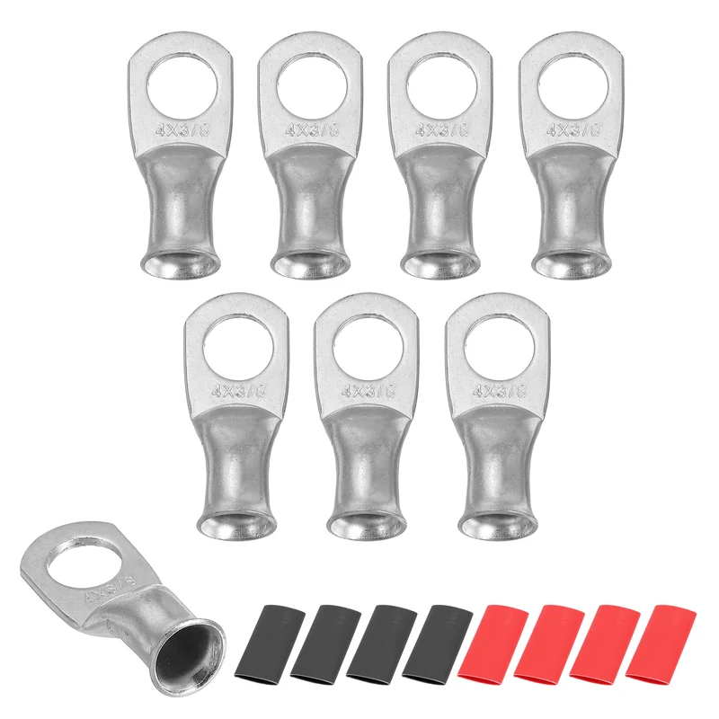 8 Pcs 3/8" Stud 4AWG Battery Lug Ring Terminal with 8pcs Heat Shrink, Silver