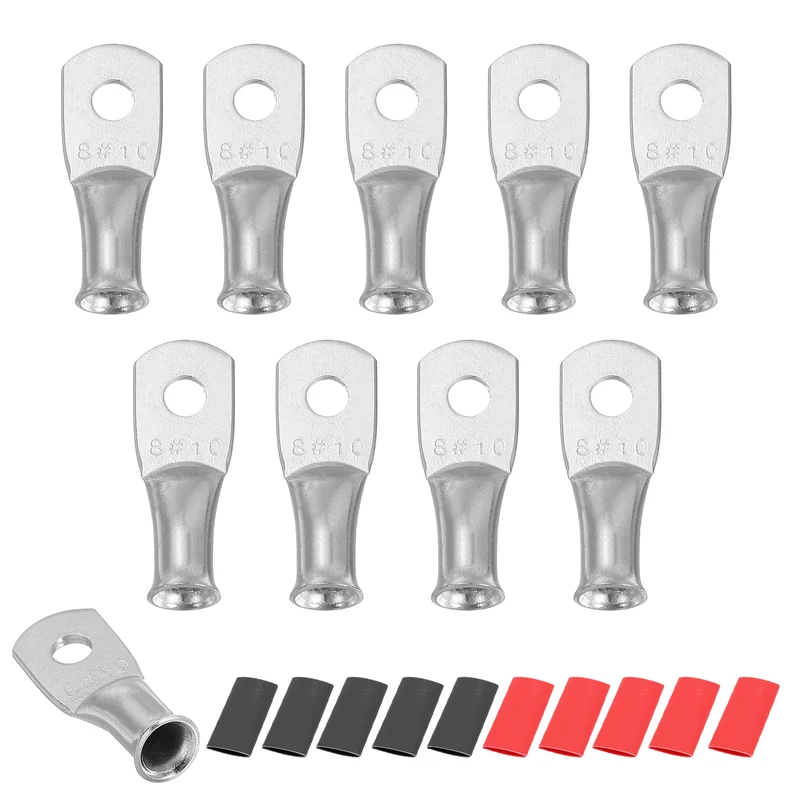 10 Pcs #10 Stud 8AWG Battery Lug Ring Terminal with 10pcs Heat Shrink, Silver