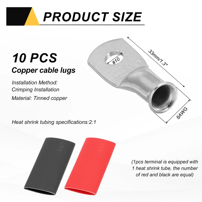 10 Pcs #10 Stud 8AWG Battery Lug Ring Terminal with 10pcs Heat Shrink, Silver