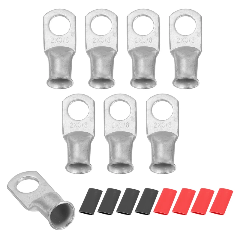 8 Pcs 3/8" Stud 2AWG Battery Lug Ring Terminal with 8pcs Heat Shrink, Silver