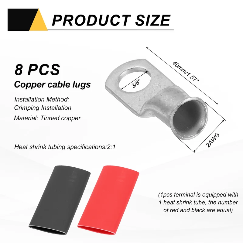 8 Pcs 3/8" Stud 2AWG Battery Lug Ring Terminal with 8pcs Heat Shrink, Silver