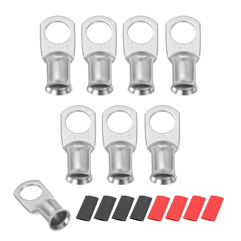 8 Pcs 1/2" Stud 1AWG Battery Lug Ring Terminal with 8pcs Heat Shrink, Silver