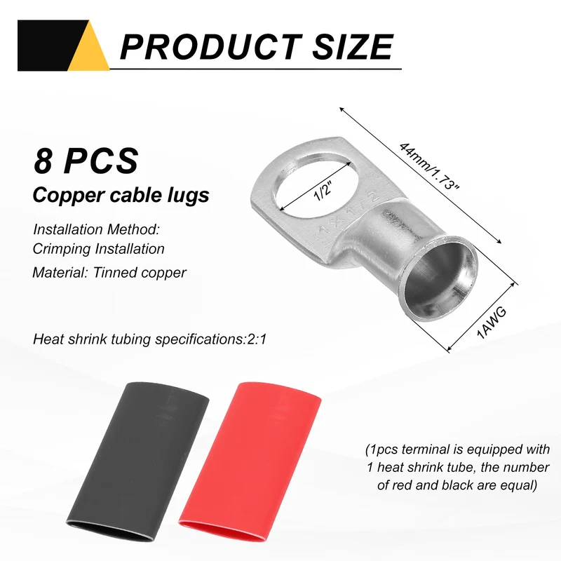 8 Pcs 1/2" Stud 1AWG Battery Lug Ring Terminal with 8pcs Heat Shrink, Silver