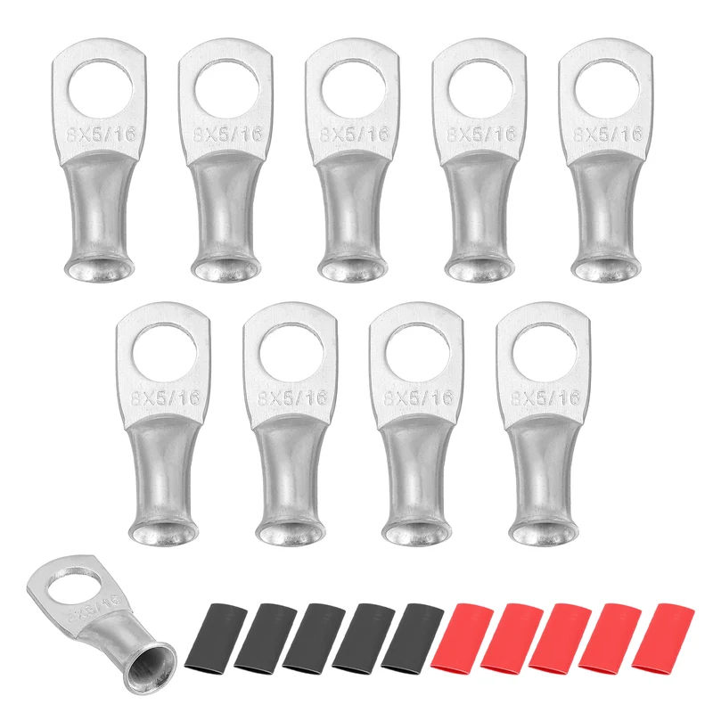 10 Pcs 5/16" Stud 8AWG Battery Lug Ring Terminal with 10pcs Heat Shrink, Silver