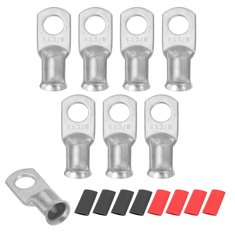 8 Pcs 3/8" Stud 1AWG Battery Lug Ring Terminal with 8pcs Heat Shrink, Silver