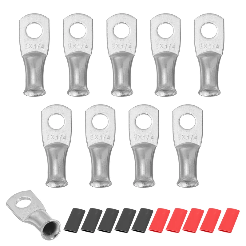 10 Pcs 1/4" Stud 8AWG Battery Lug Ring Terminal with 10pcs Heat Shrink, Silver