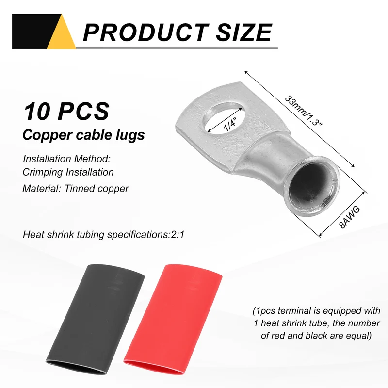 10 Pcs 1/4" Stud 8AWG Battery Lug Ring Terminal with 10pcs Heat Shrink, Silver
