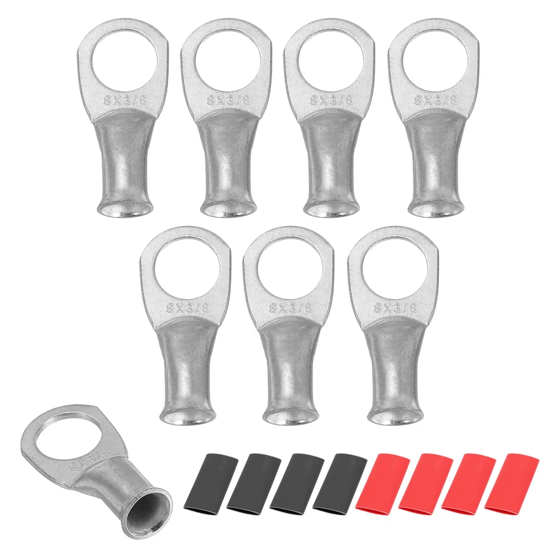 8 Pcs 3/8" Stud 8AWG Battery Lug Ring Terminal with 8pcs Heat Shrink, Silver