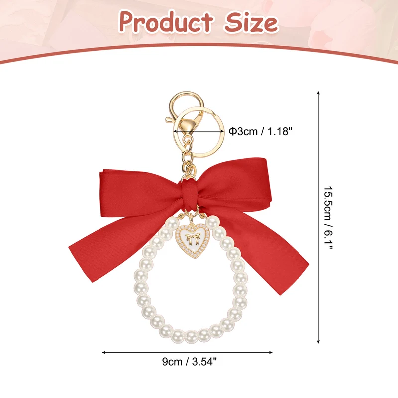 Ribbon Bow Keychain Pearl Wristlet Keychain Heart Pendant, Red
