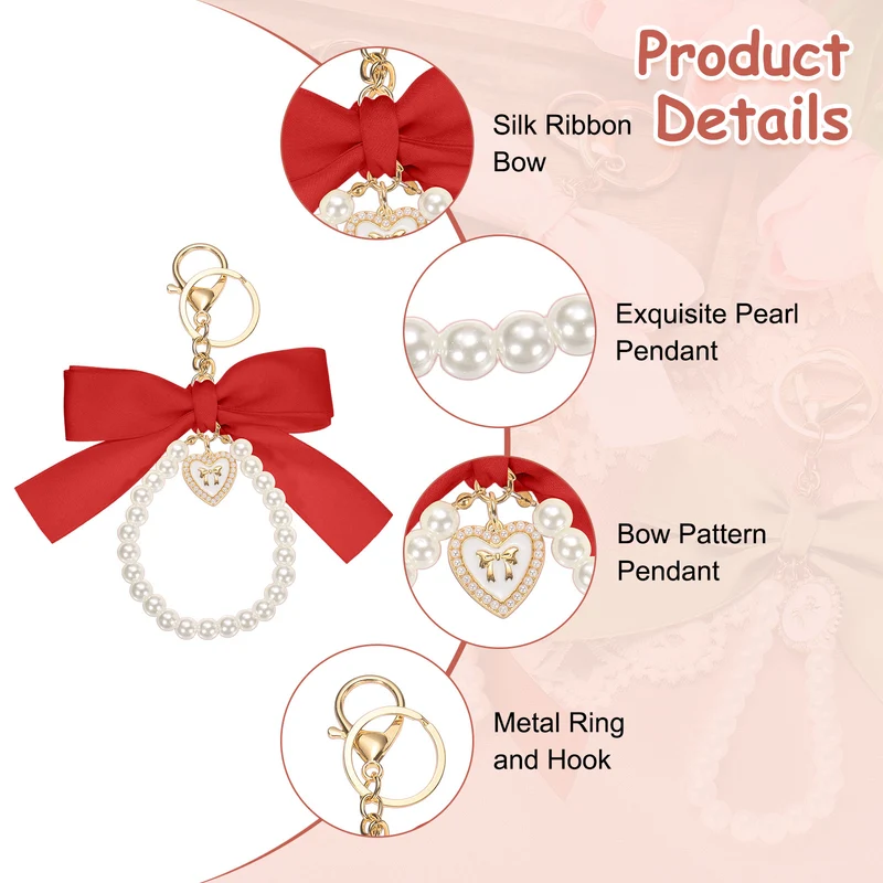 Ribbon Bow Keychain Pearl Wristlet Keychain Heart Pendant, Red