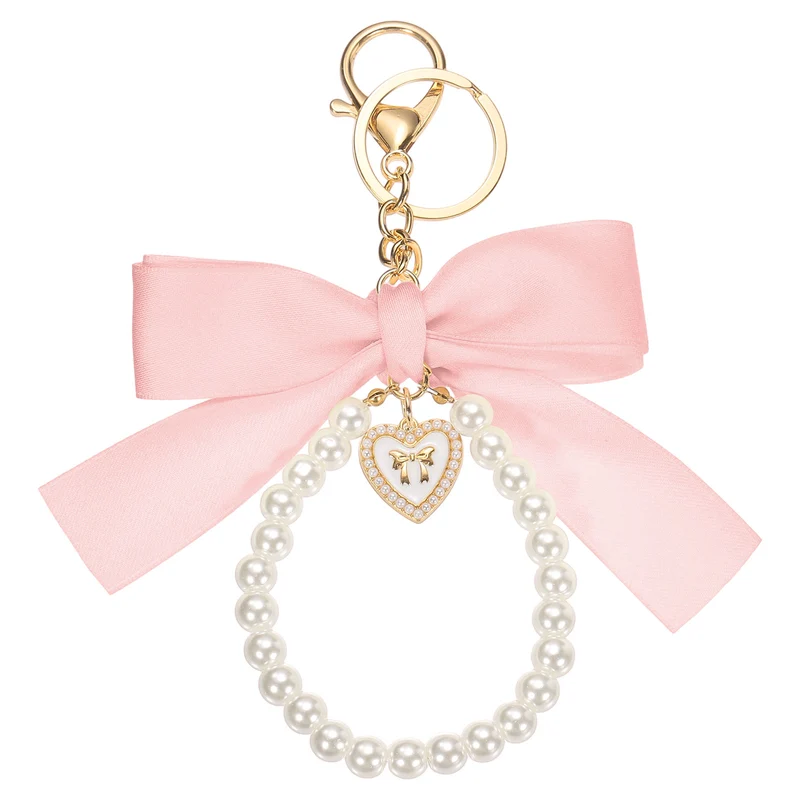 Ribbon Bow Keychain Pearl Wristlet Keychain Heart Pendant Light Pink