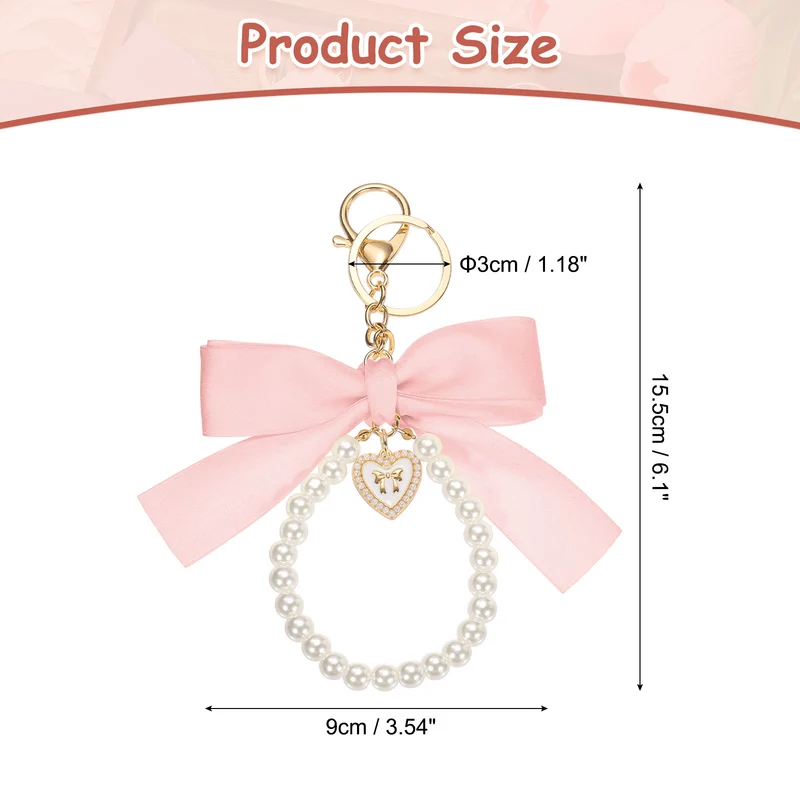 Ribbon Bow Keychain Pearl Wristlet Keychain Heart Pendant Light Pink