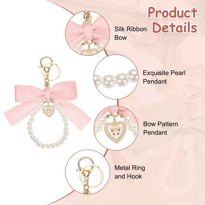 Ribbon Bow Keychain Pearl Wristlet Keychain Heart Pendant Light Pink