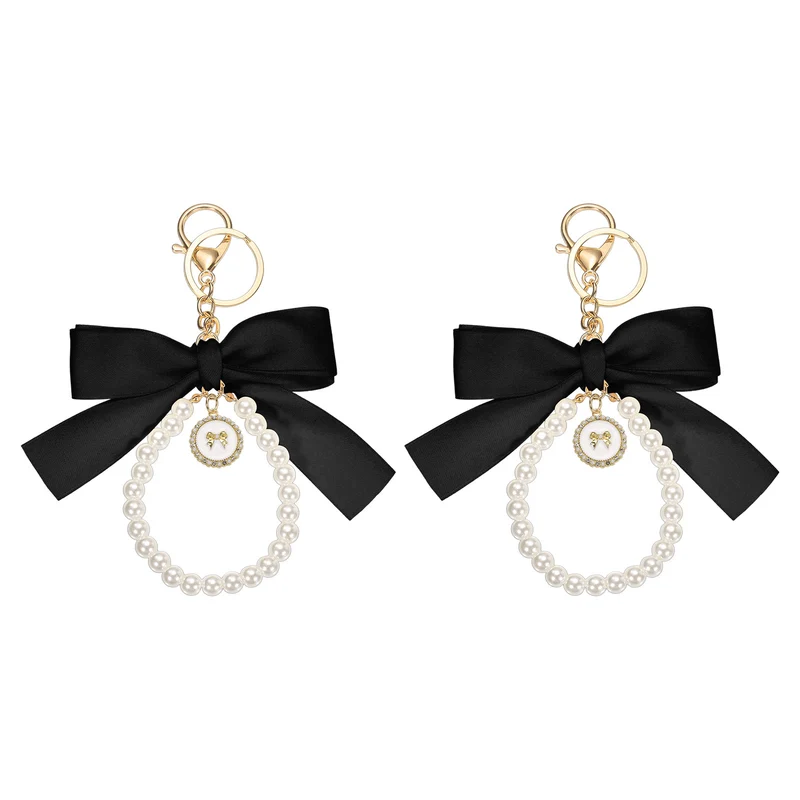2Pcs Ribbon Bow Keychain, Cute Pearl Wristlet Keychain Bow Charm, Black