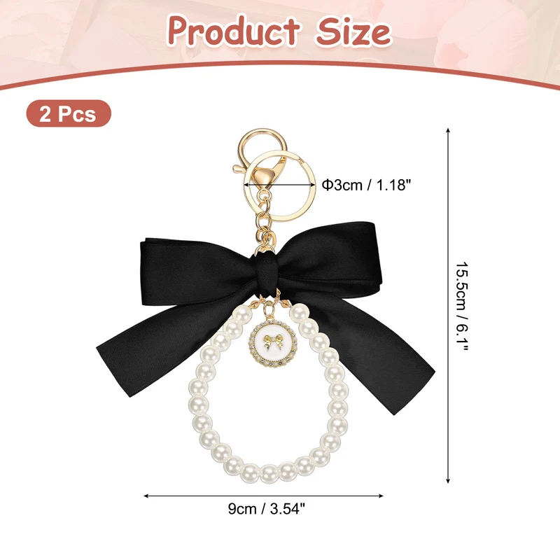 2Pcs Ribbon Bow Keychain, Cute Pearl Wristlet Keychain Bow Charm, Black