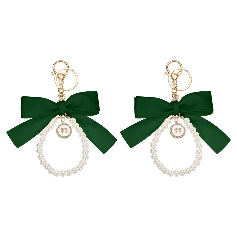 2Pcs Ribbon Bow Keychain, Cute Pearl Wristlet Keychain Bow Charm, Green