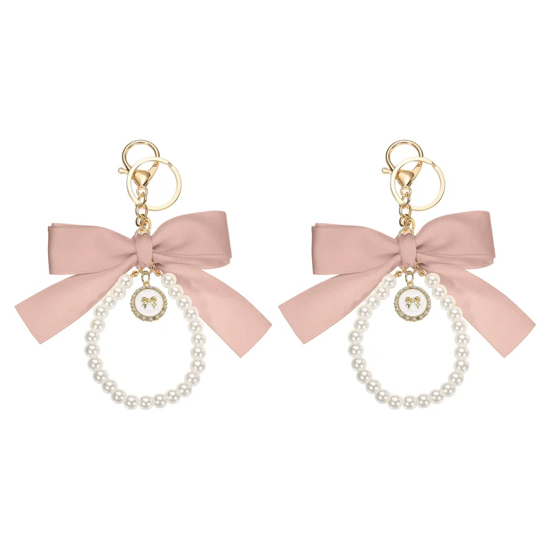 2 Pcs Ribbon Bow Keychain, Cute Pearl Wristlet Keychain Bow Charm, Pink