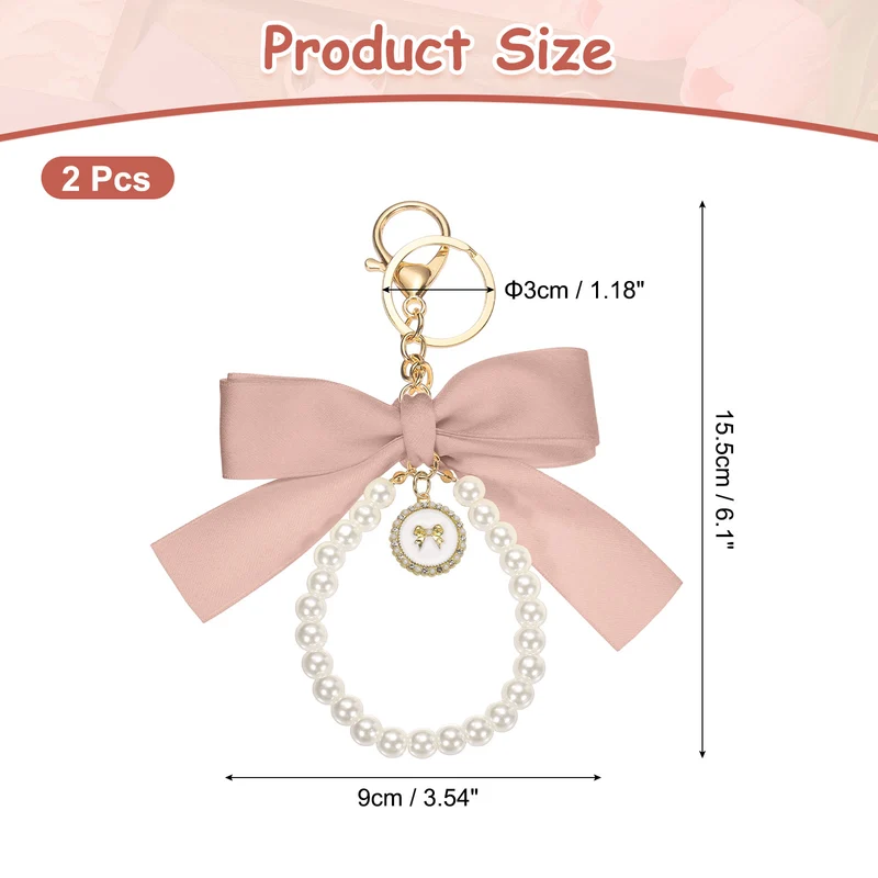 2 Pcs Ribbon Bow Keychain, Cute Pearl Wristlet Keychain Bow Charm, Pink