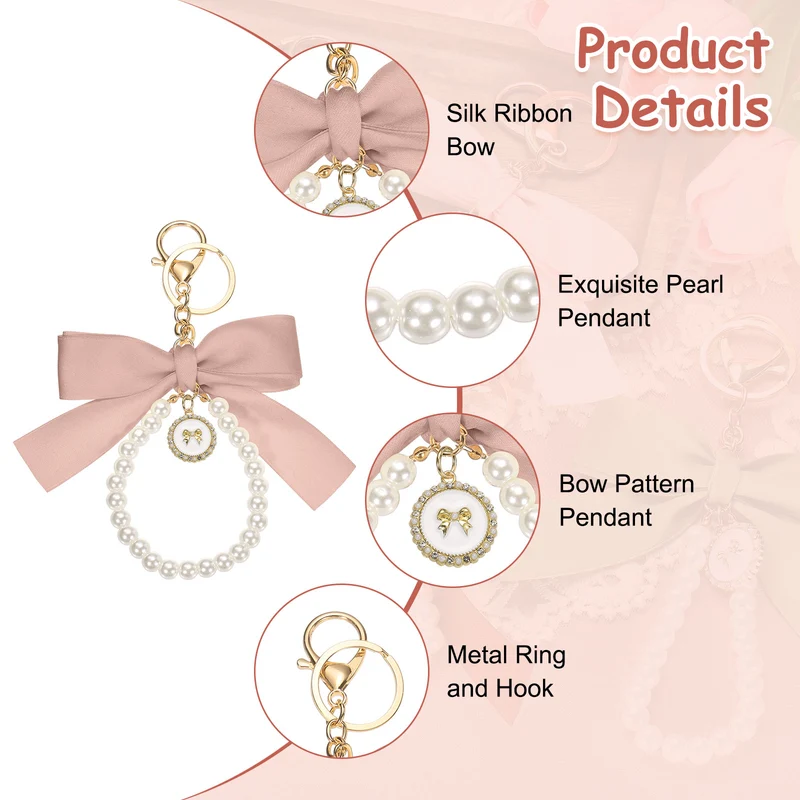 2 Pcs Ribbon Bow Keychain, Cute Pearl Wristlet Keychain Bow Charm, Pink
