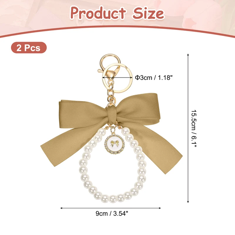 2Pcs Ribbon Bow Keychain, Cute Pearl Wristlet Keychain Bow Charm, Champagne Gold