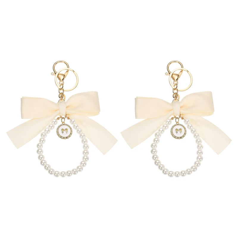 2Pcs Ribbon Bow Keychain, Cute Pearl Wristlet Keychain Bow Charm, Beige