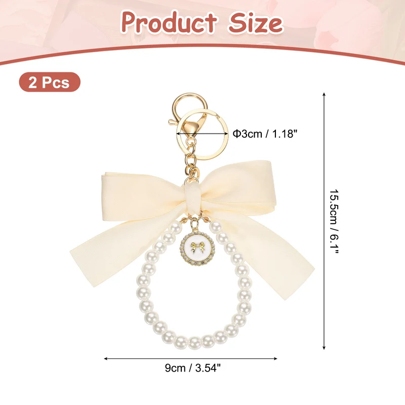 2Pcs Ribbon Bow Keychain, Cute Pearl Wristlet Keychain Bow Charm, Beige