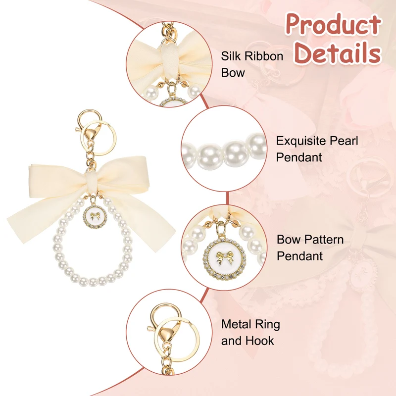 2Pcs Ribbon Bow Keychain, Cute Pearl Wristlet Keychain Bow Charm, Beige