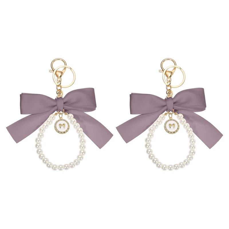 2Pcs Ribbon Bow Keychain, Cute Pearl Wristlet Keychain Bow Charm, Purple