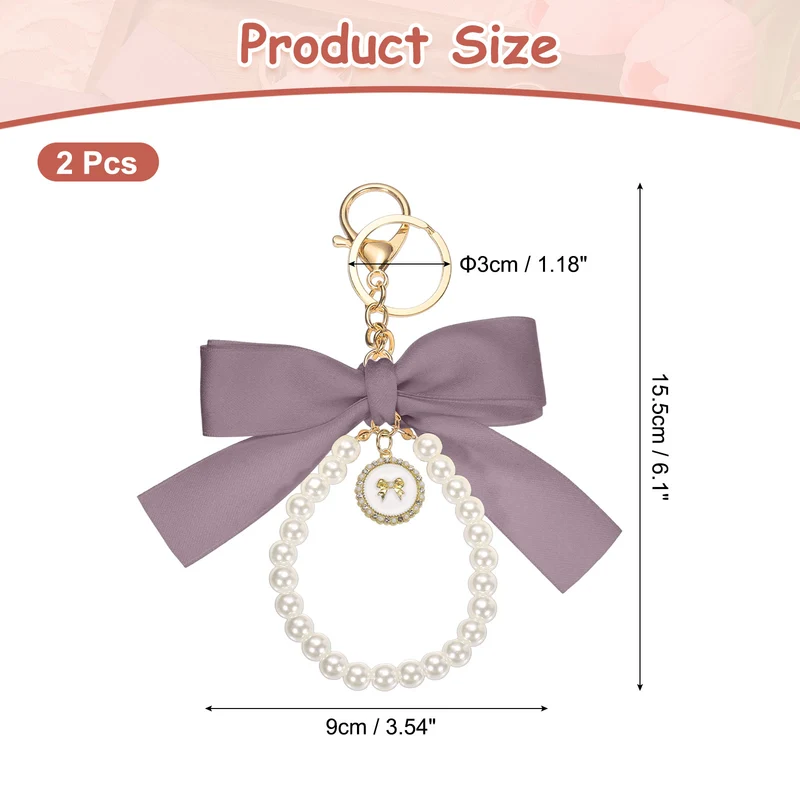 2Pcs Ribbon Bow Keychain, Cute Pearl Wristlet Keychain Bow Charm, Purple