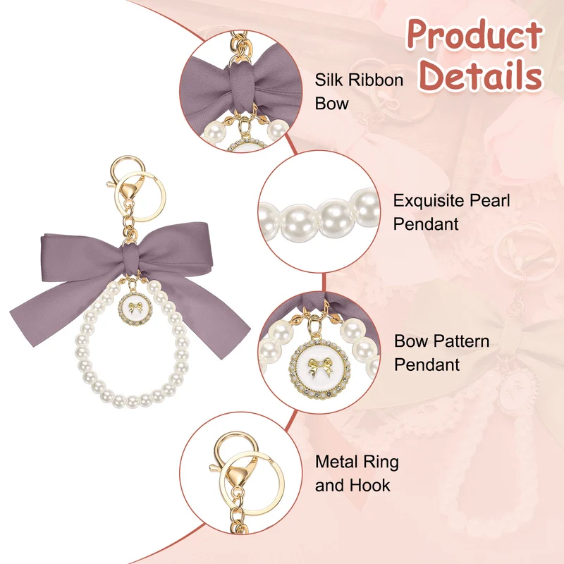 2Pcs Ribbon Bow Keychain, Cute Pearl Wristlet Keychain Bow Charm, Purple