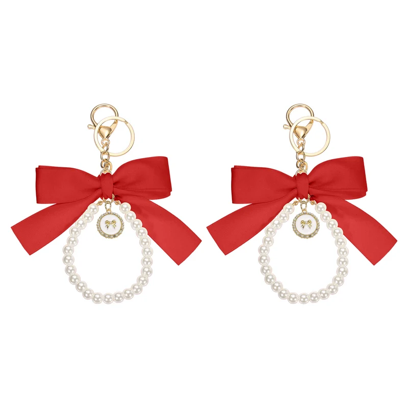 2Pcs Ribbon Bow Keychain, Cute Pearl Wristlet Keychain Bow Charm, Red