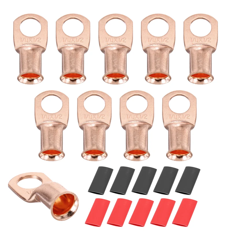 10 Pcs 1/2" Stud 1/0Awg Battery Cable End with 10 pcs 3:1 Heat Shrink