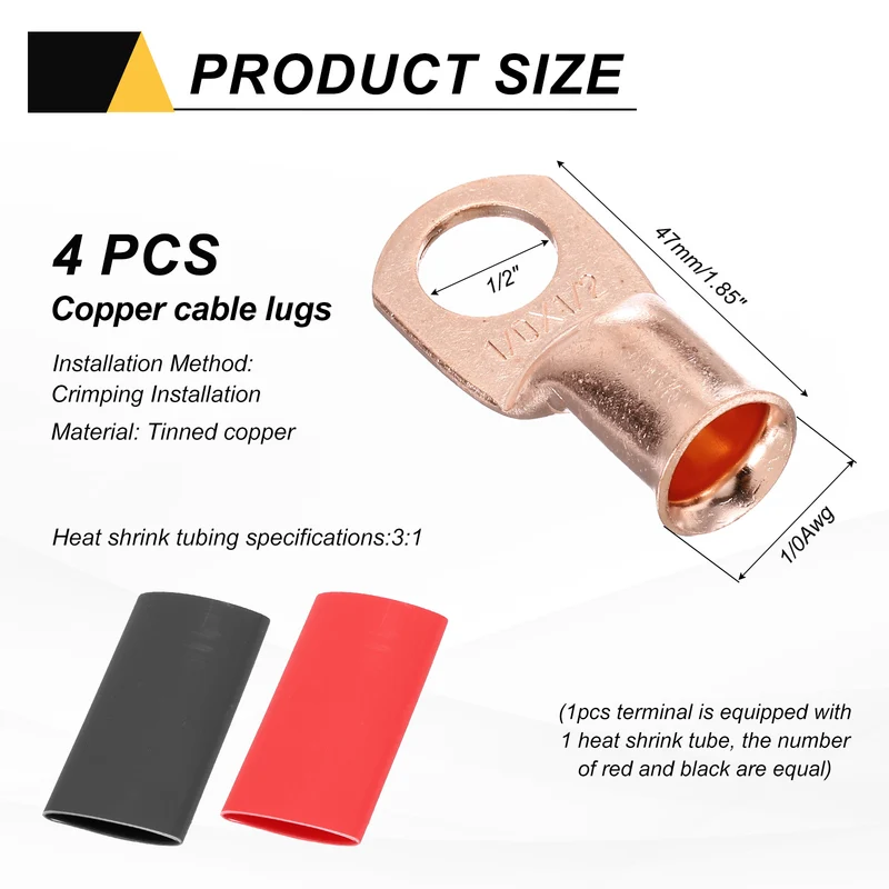 4 Pcs 1/2" Stud 1/0Awg Battery Cable End with 4 pcs 3:1 Heat Shrink