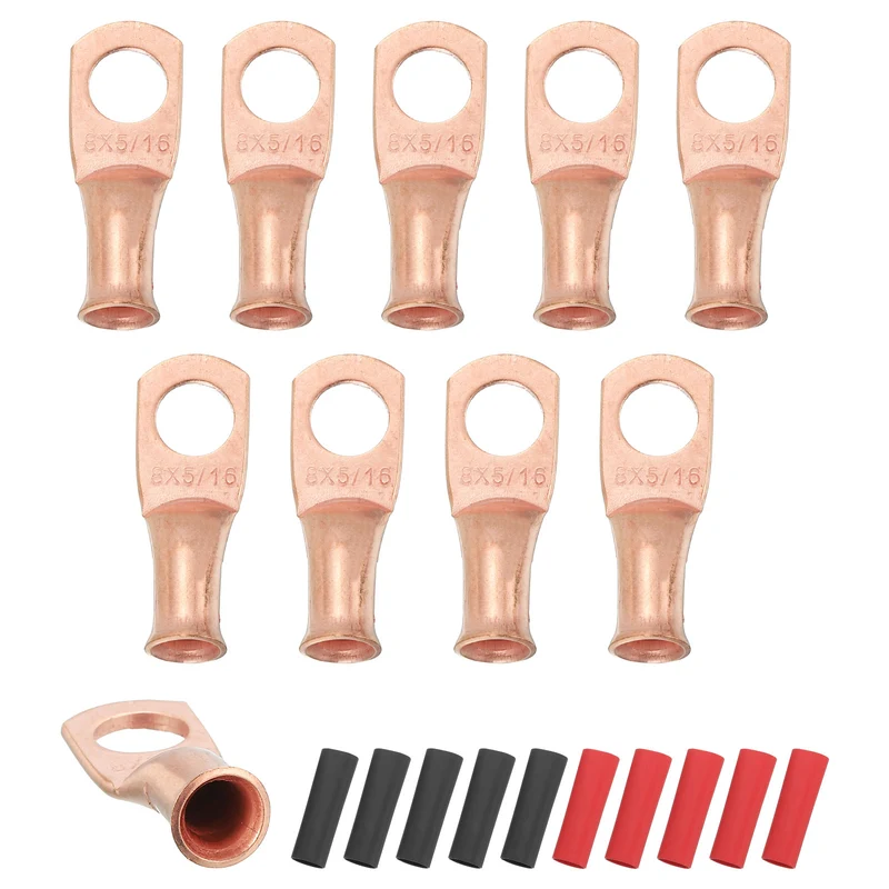 10 Pcs 5/16" Stud 8AWG Battery Cable End with 10pcs 3:1 Heat Shrink, Gold
