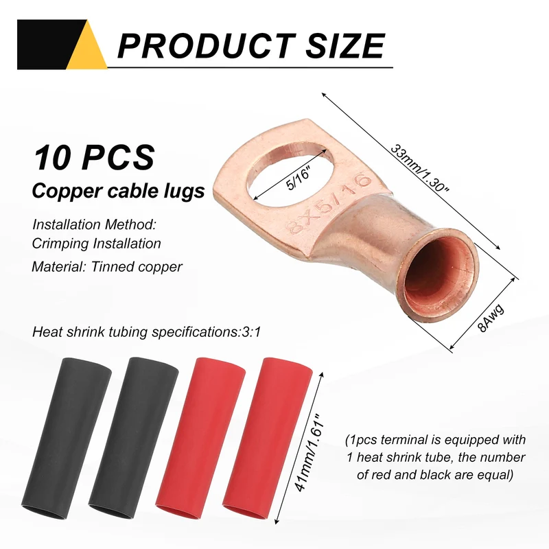 10 Pcs 5/16" Stud 8AWG Battery Cable End with 10pcs 3:1 Heat Shrink, Gold
