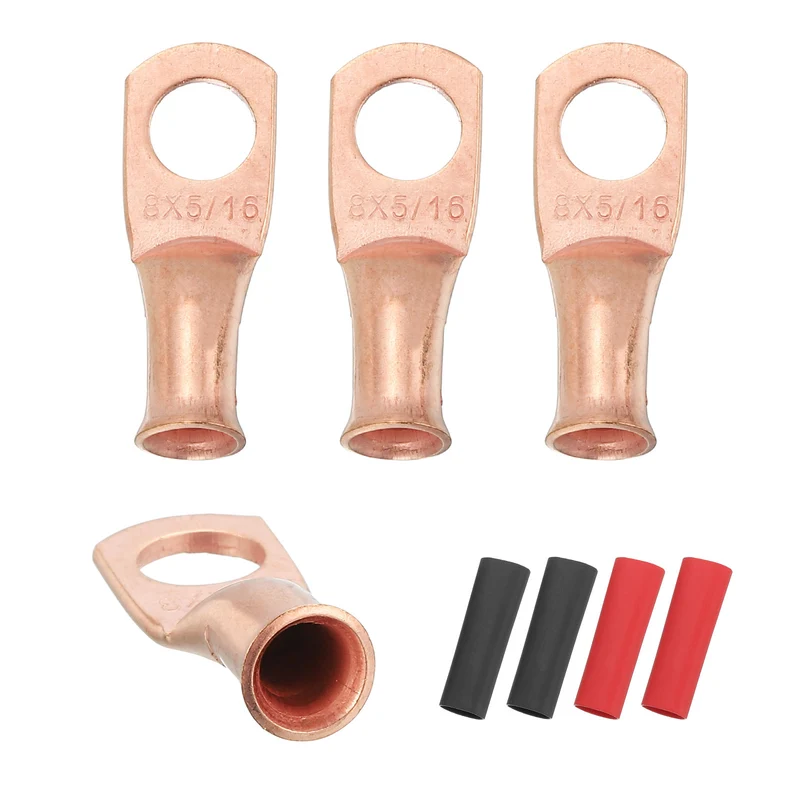 4 Pcs 5/16" Stud 8AWG Battery Cable End with 4pcs 3:1 Heat Shrink, Gold