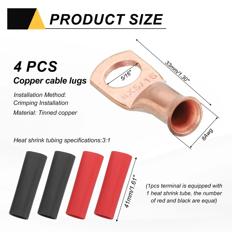 4 Pcs 5/16" Stud 8AWG Battery Cable End with 4pcs 3:1 Heat Shrink, Gold