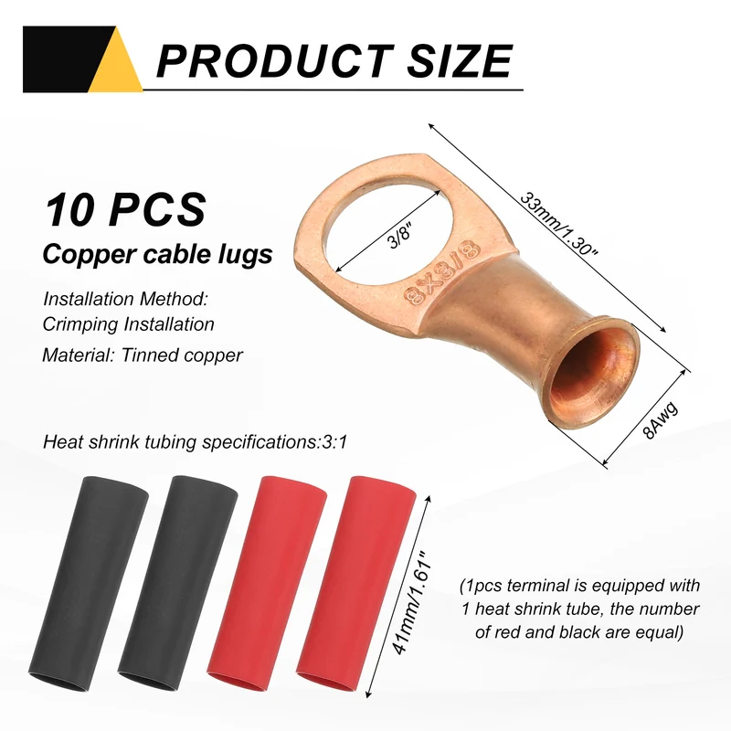 10 Pcs 3/8" Stud 8AWG Battery Cable End with 10pcs 3:1 Heat Shrink, Gold