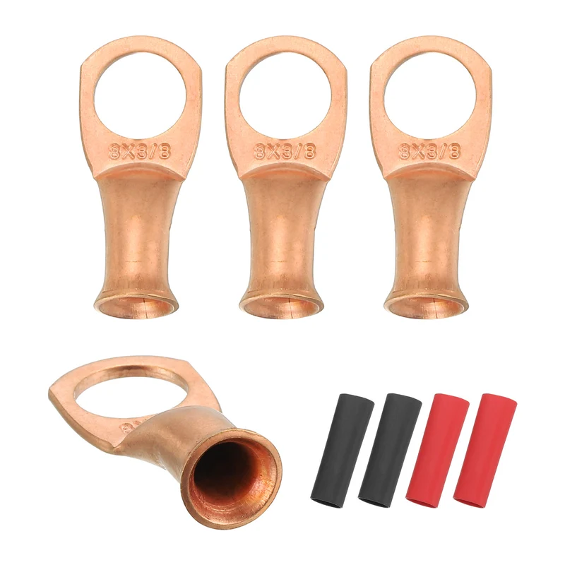 4 Pcs 3/8" Stud 8AWG Battery Cable End with 4pcs 3:1 Heat Shrink, Gold