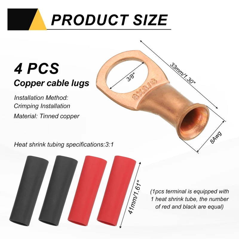 4 Pcs 3/8" Stud 8AWG Battery Cable End with 4pcs 3:1 Heat Shrink, Gold