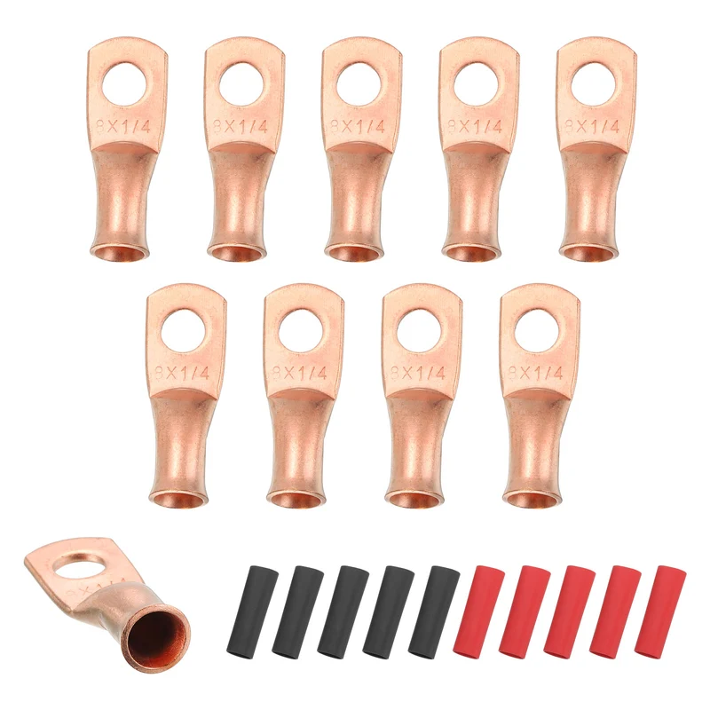 10 Pcs 1/4" Stud 8AWG Battery Cable End with 10pcs 3:1 Heat Shrink, Gold
