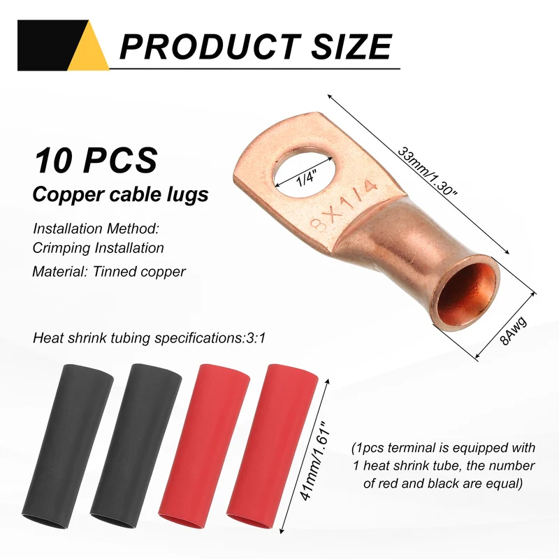 10 Pcs 1/4" Stud 8AWG Battery Cable End with 10pcs 3:1 Heat Shrink, Gold