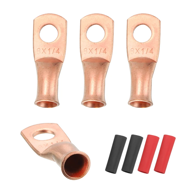 4 Pcs 1/4" Stud 8AWG Battery Cable End with 4pcs 3:1 Heat Shrink, Gold