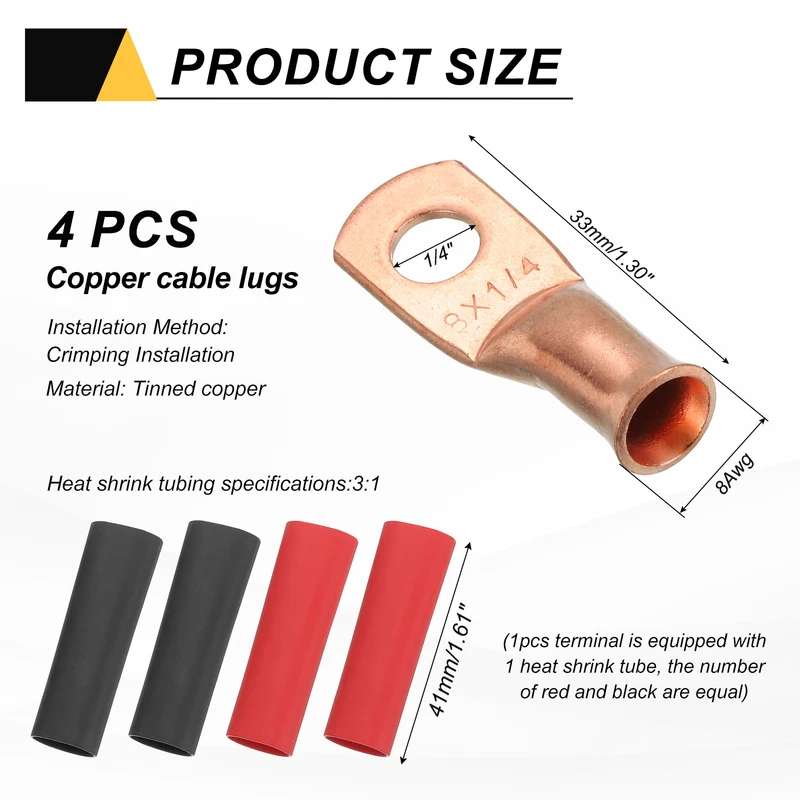 4 Pcs 1/4" Stud 8AWG Battery Cable End with 4pcs 3:1 Heat Shrink, Gold