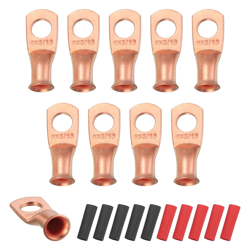 10 Pcs 5/16" Stud 6AWG Battery Cable End with 10pcs 3:1 Heat Shrink, Gold