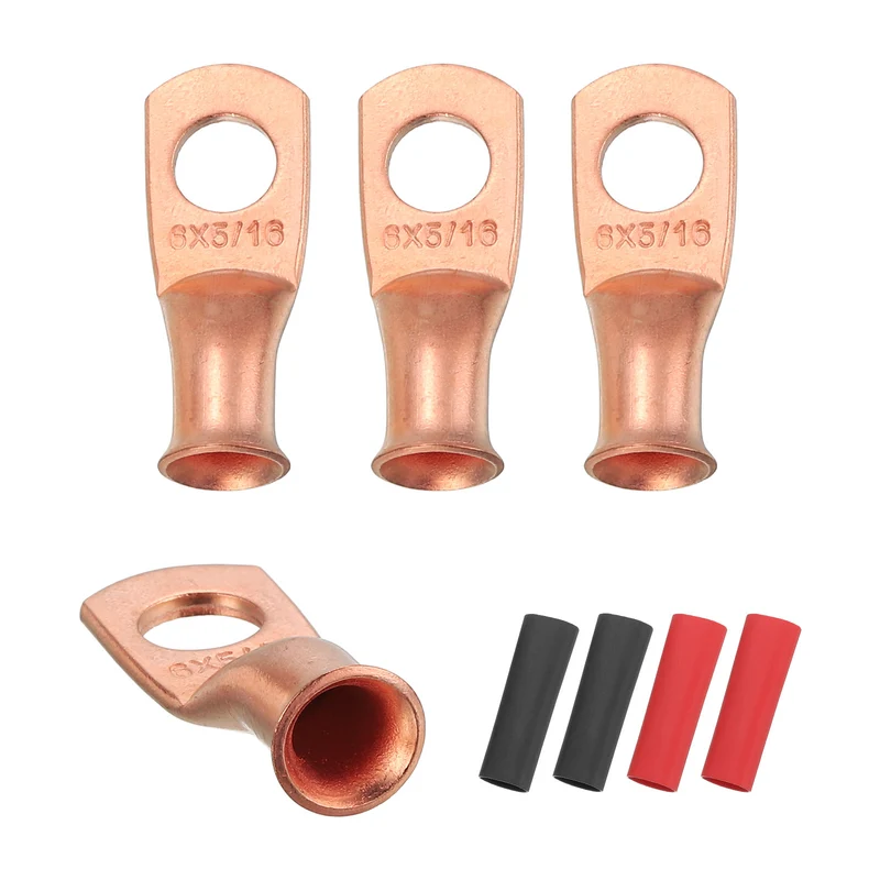 4 Pcs 5/16" Stud 6AWG Battery Cable End with 4pcs 3:1 Heat Shrink, Gold