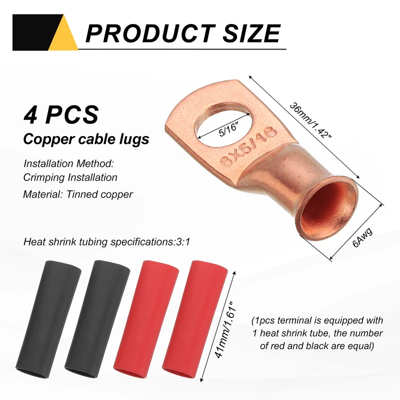 4 Pcs 5/16" Stud 6AWG Battery Cable End with 4pcs 3:1 Heat Shrink, Gold