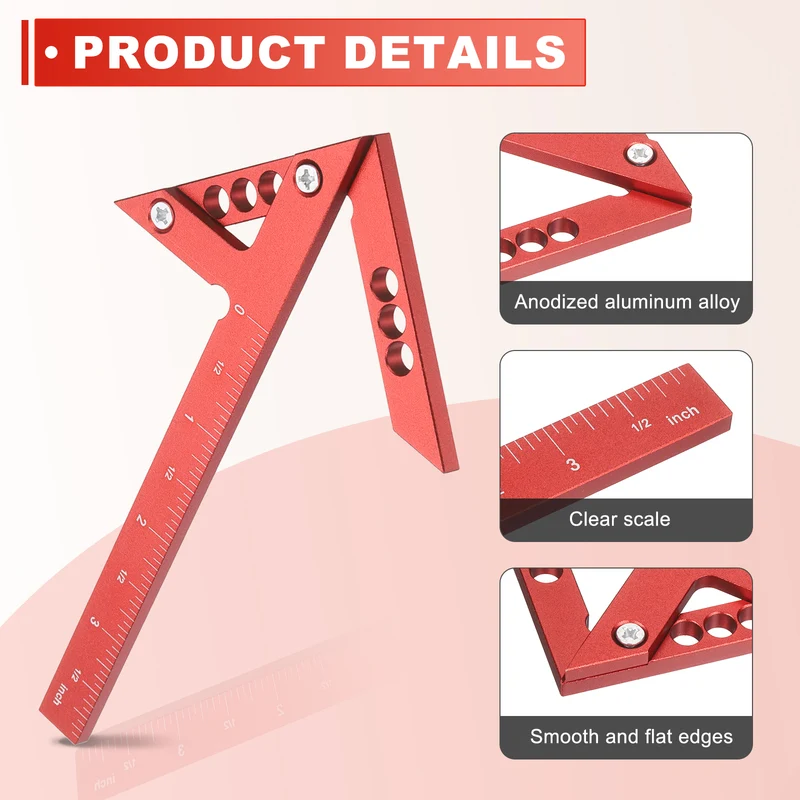 Imperial 3D Measuring Ruler Woodworking Square Protractor, Red